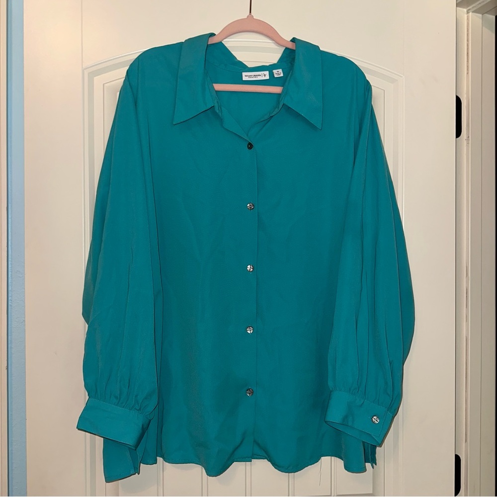 Susan Graver Blouse Shirt Women’s teal green long sleeved
